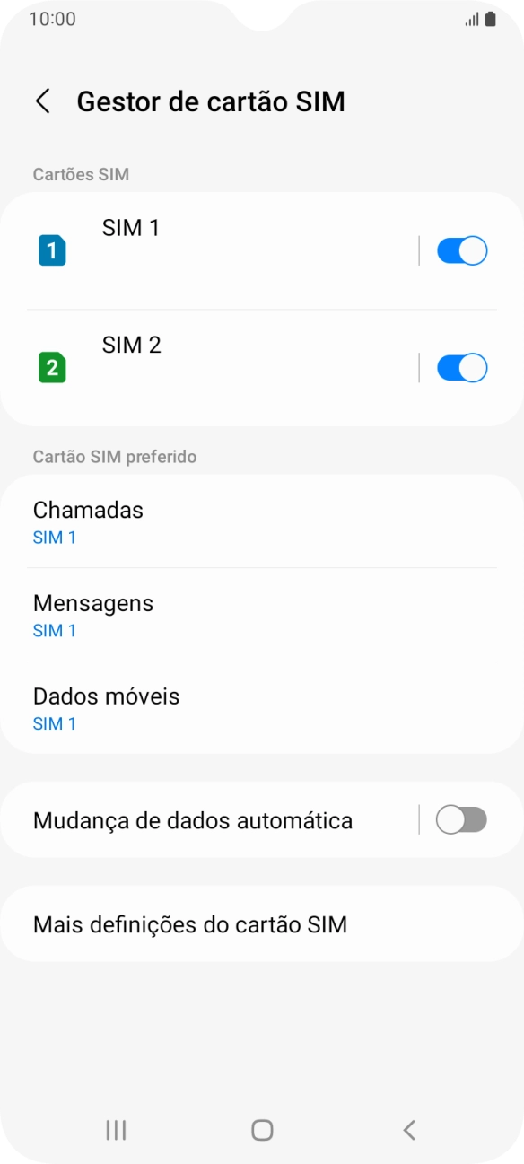 Prima o indicador  junto ao cartão SIM pretendido para ativar ou desativar a utilização do cartão SIM.