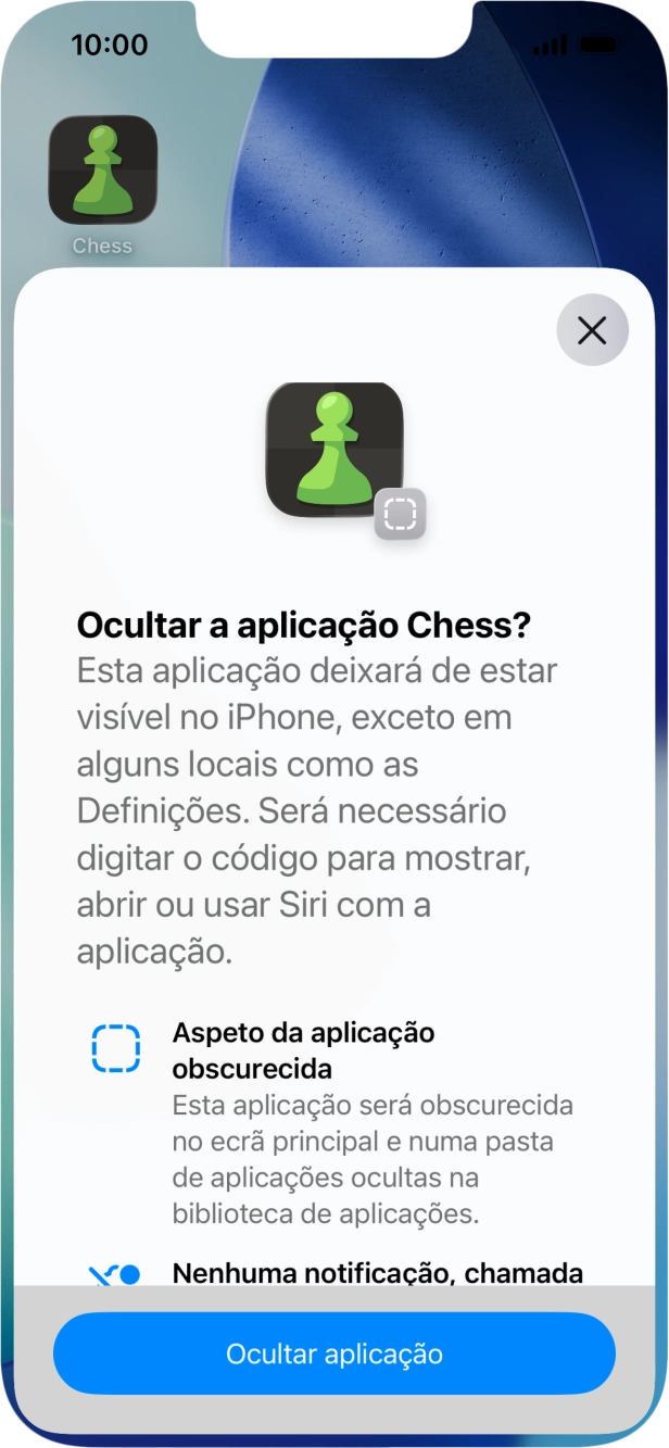 Prima Ocultar aplicação.