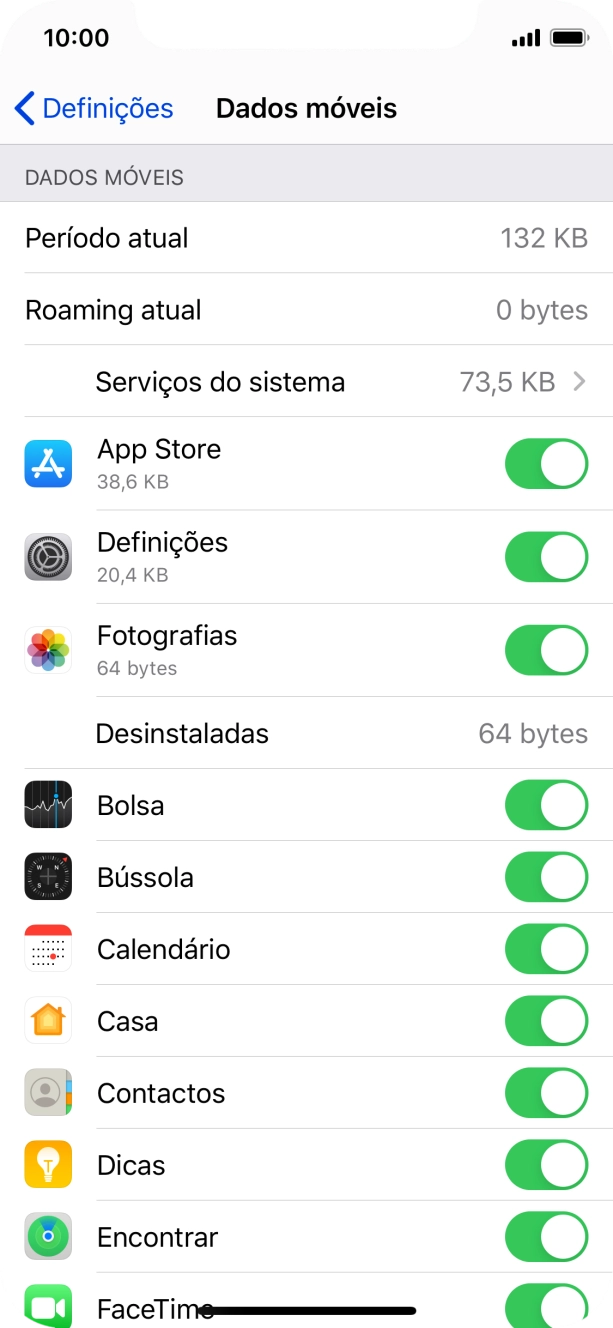 Prima o indicador junto das aplicações pretendidas para ativar ou desativar a função.
