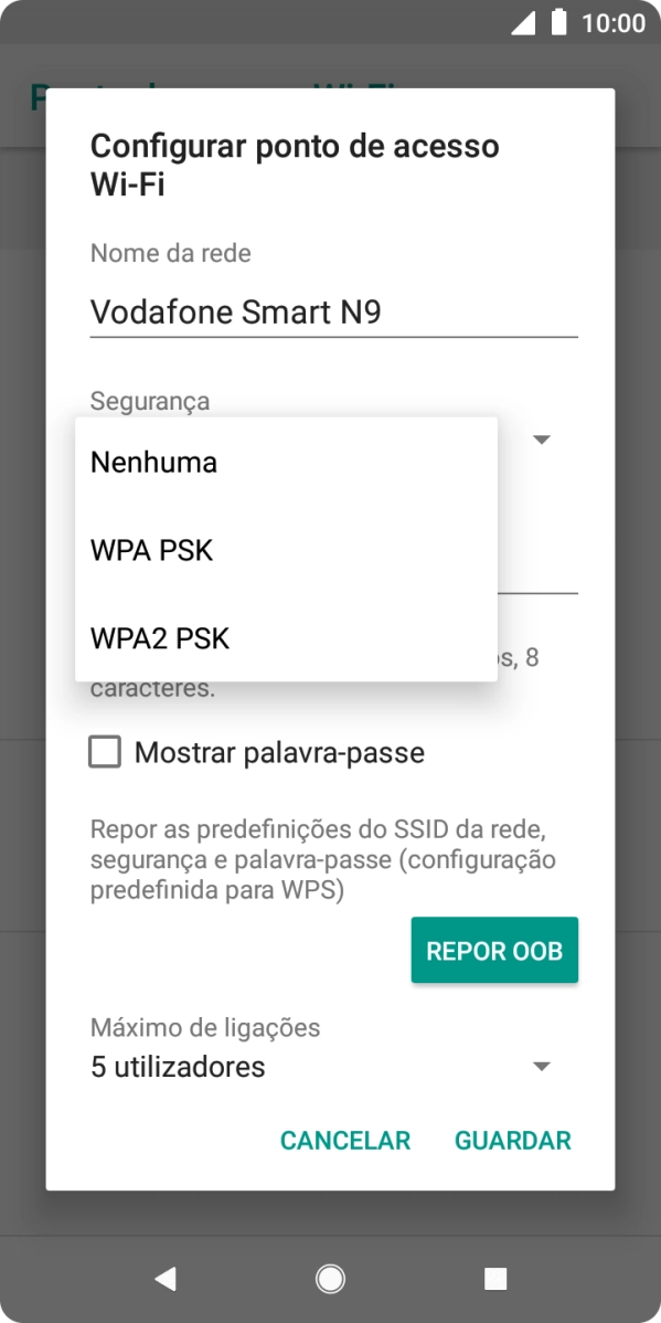 Prima WPA2 PSK para proteger o hotspot Wi-Fi com uma password.