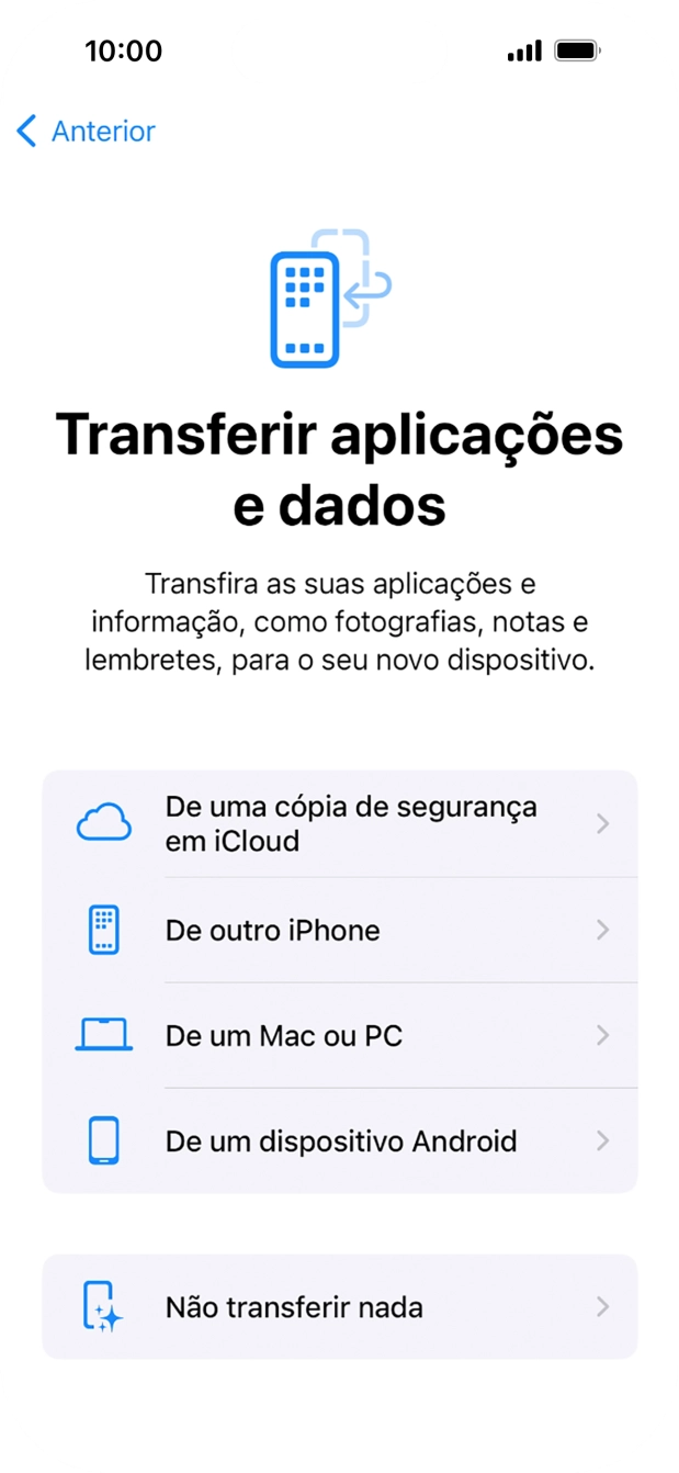 É possível transferir conteúdo de um telefone Android quando o telefone for ativado antes da primeira utilização e quando o telefone tiver sido reiniciado. Quando esta imagem for mostrada no ecrã, o telefone está pronto para transferir conteúdo de um telefone Android.