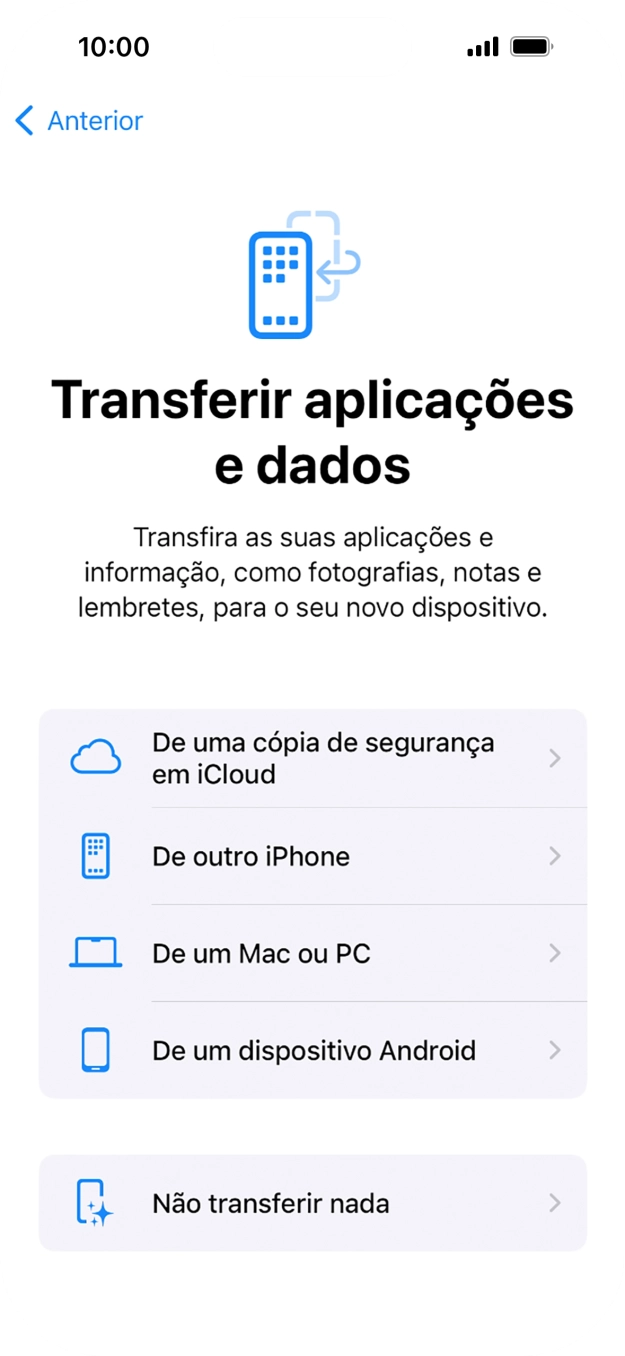 É possível transferir conteúdo de um telefone Android quando o telefone for ativado antes da primeira utilização e quando o telefone tiver sido reiniciado. Quando esta imagem for mostrada no ecrã, o telefone está pronto para transferir conteúdo de um telefone Android.