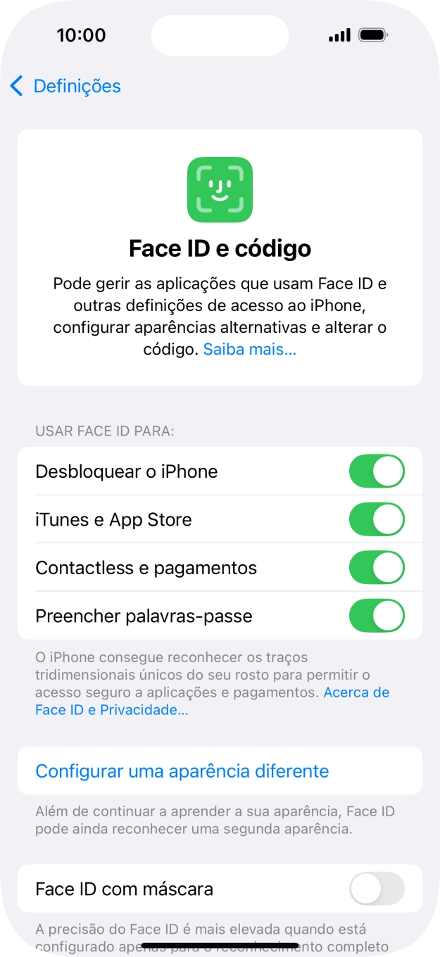 Prima os indicadores junto às definições pretendidas para as ativar ou desativar.