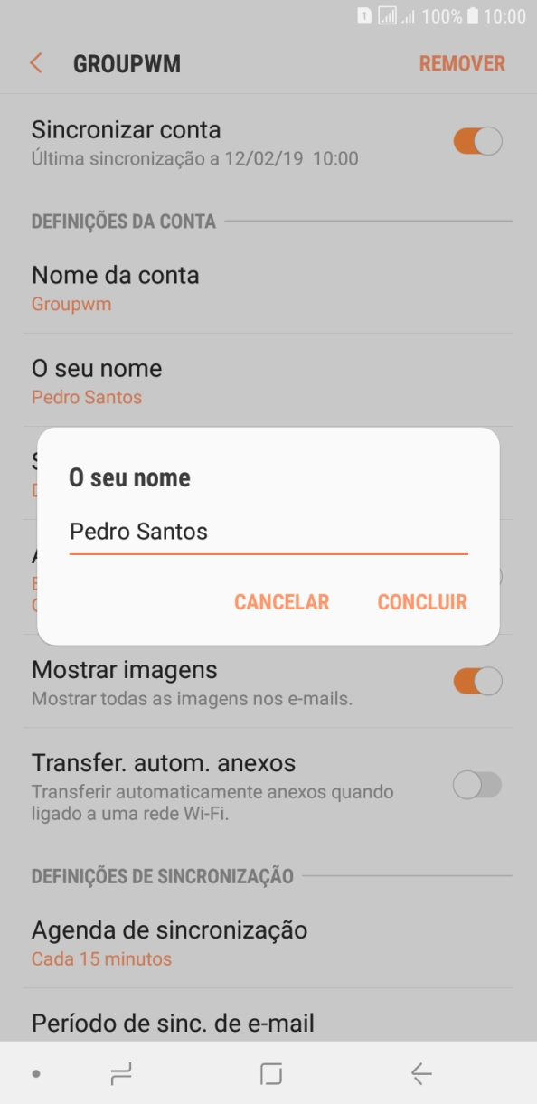 Introduza o nome de remetente e prima CONCLUIR.