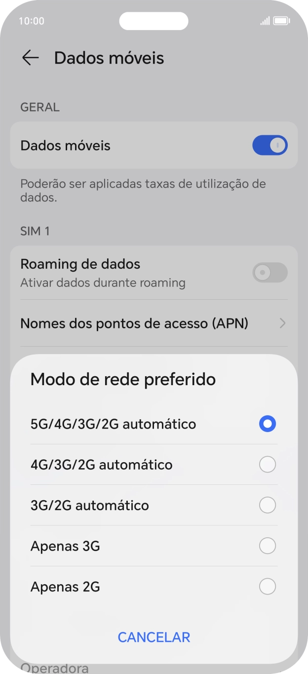 Prima o tipo de rede pretendido.