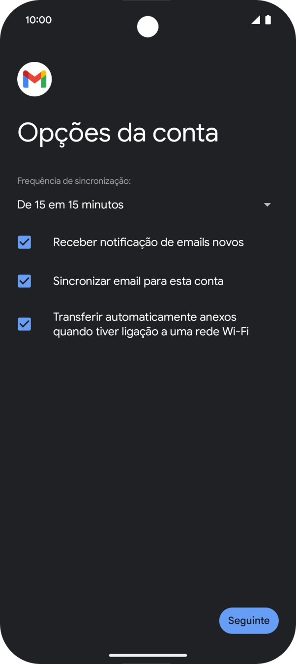 Se o ecrã mostrar esta imagem, a sua conta foi identificada e configurada automaticamente. Siga as indicações no ecrã para introduzir informações adicionais e concluir a configuração.