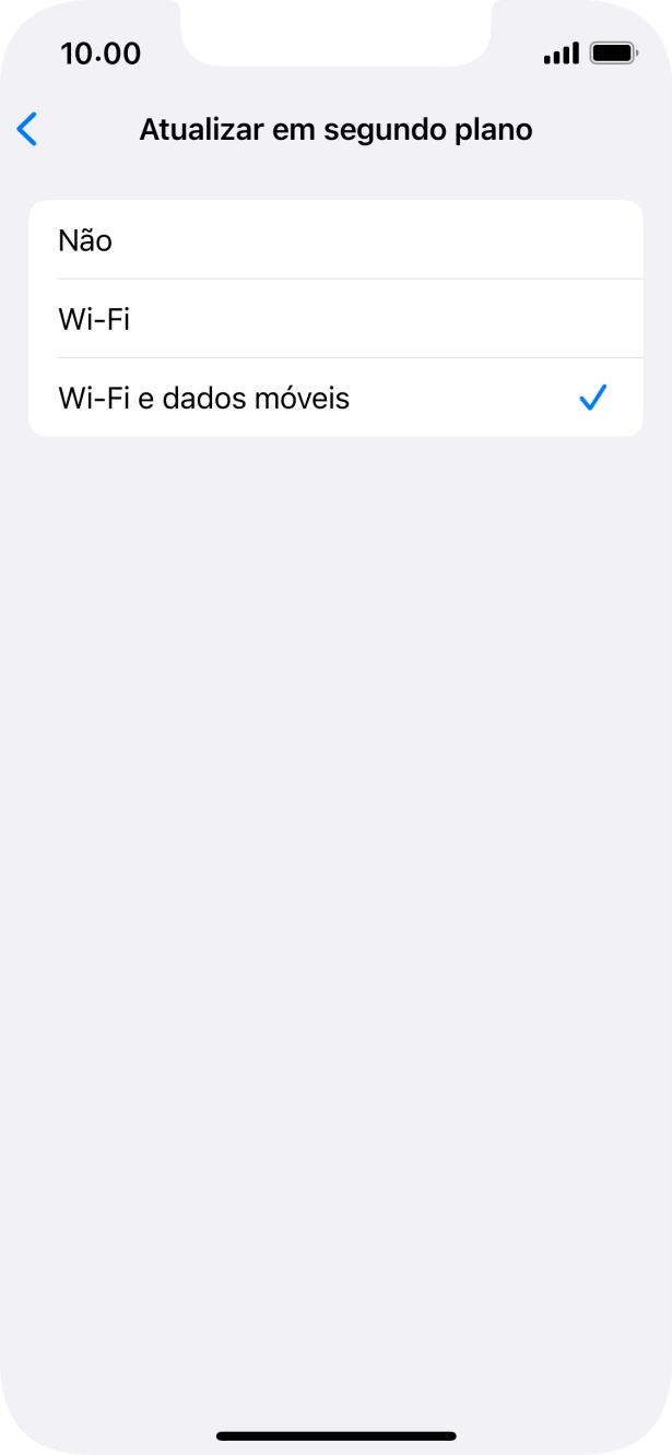 Para desativar a atualização de apps em segundo plano, prima Não.