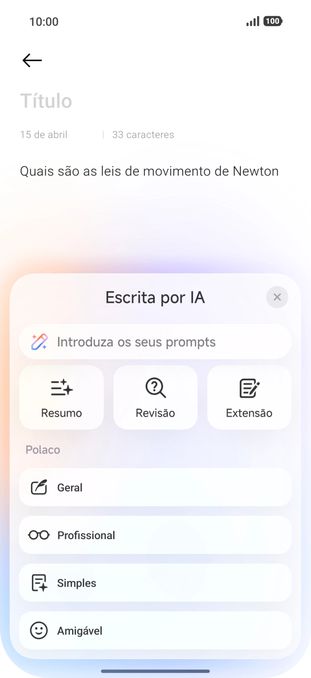 Para gerar um texto, prima o campo de escrita.