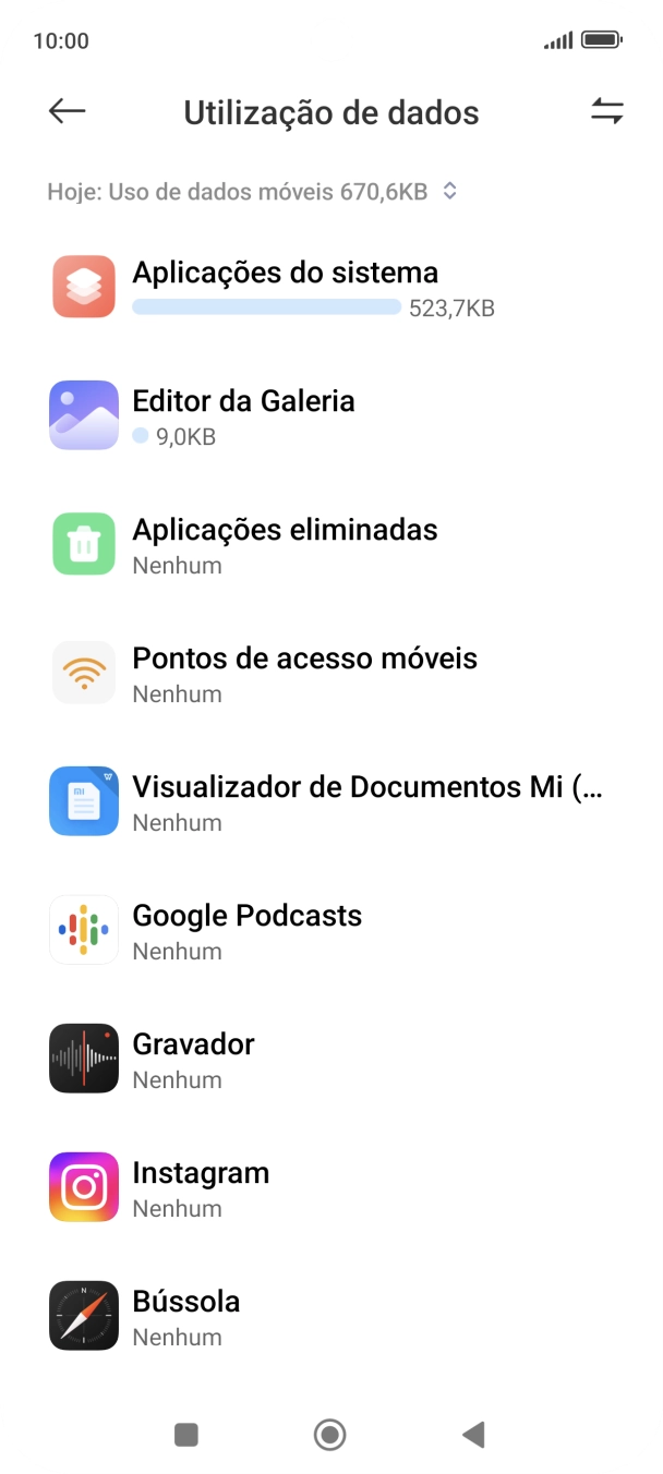 O consumo de dados de cada aplicação é mostrado sob o nome da aplicação.