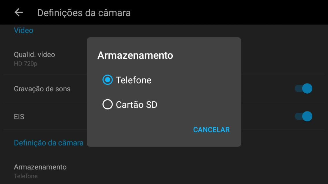 Prima Cartão SD para guardar os clipes de vídeo no cartão de memória.