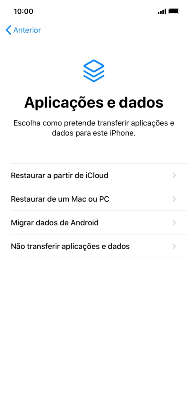 É possível restaurar conteúdo a partir de uma cópia de segurança em iCloud, quando o telefone for ativado antes da primeira utilização e quando o telefone tiver sido reiniciado. Quando esta imagem for mostrada no ecrã, o telefone está pronto para restaurar conteúdo a partir de uma cópia de segurança em iCloud.
