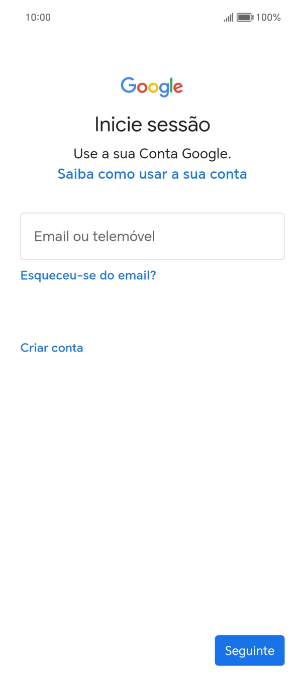 Se não tiver uma conta Google, prima Criar conta e siga as indicações no ecrã para criar uma conta.