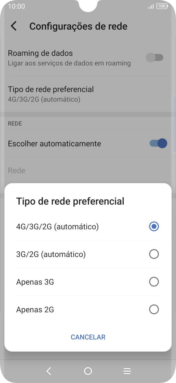 Prima o tipo de rede pretendido.