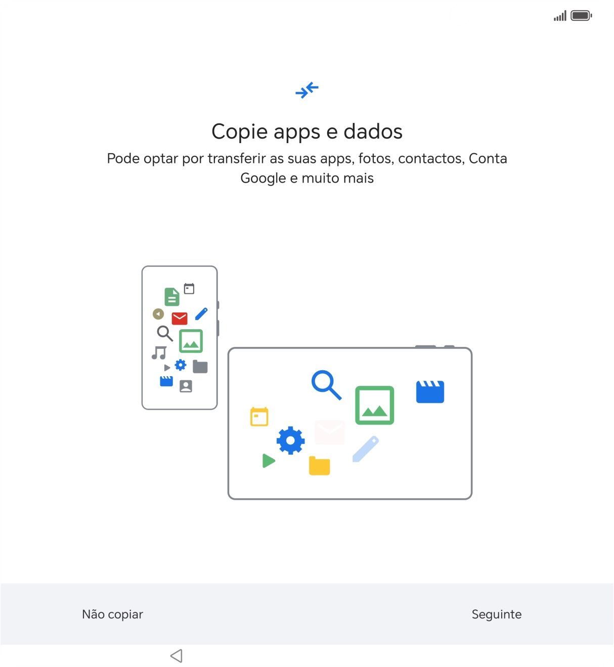 É possível transferir conteúdo de outro telefone quando o telefone for ativado antes da primeira utilização e quando o telefone tiver sido reiniciado. Quando esta imagem for mostrada no ecrã, o telefone está pronto para transferir conteúdo de outro telefone.