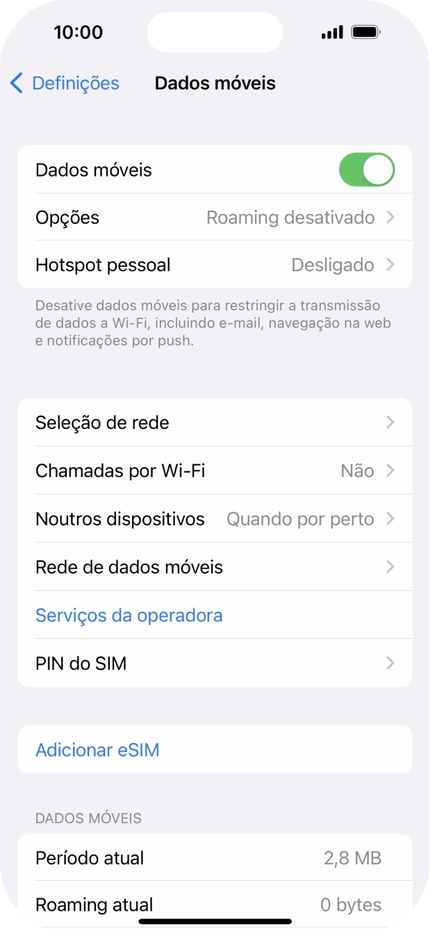 O consumo total de dados é mostrado junto a Período atual.