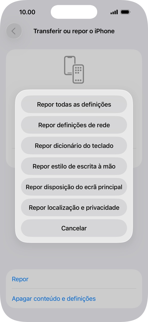 Prima Repor todas as definições.