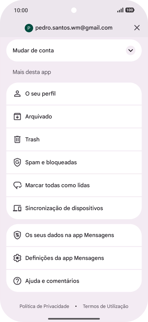 Prima Definições da app Mensagens.
