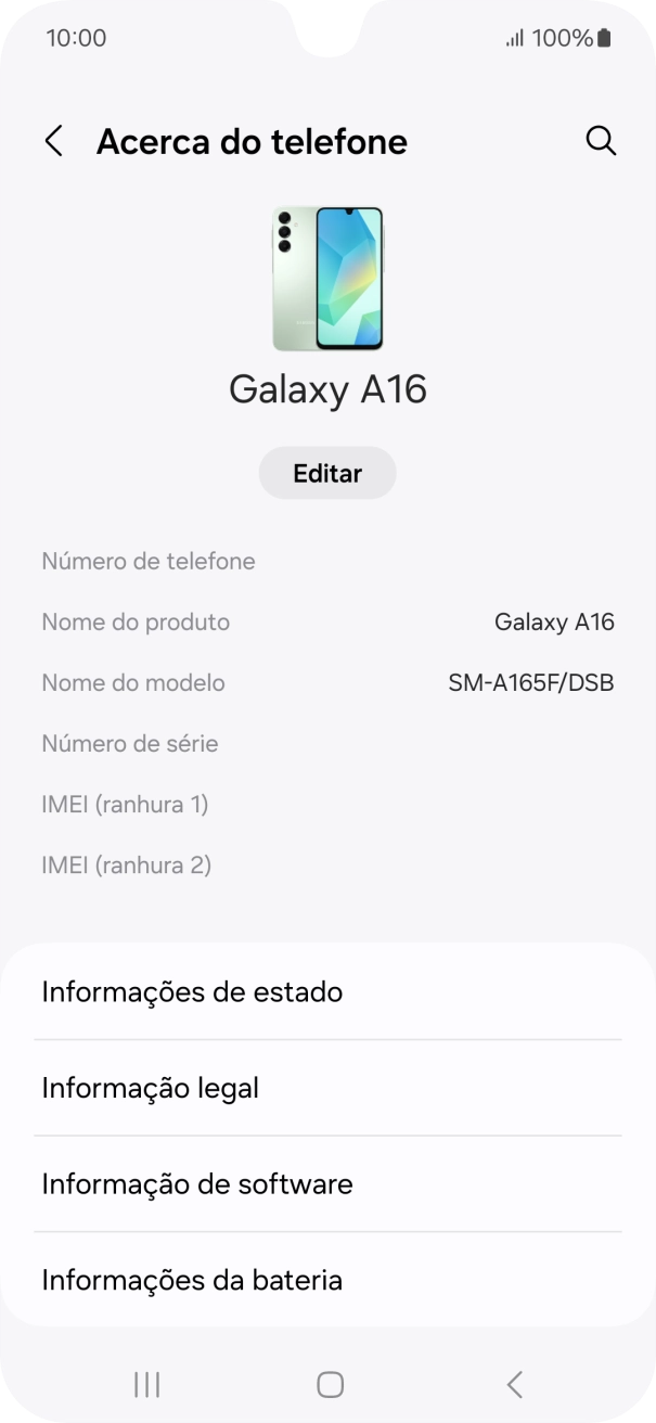 O código IMEI é mostrado no ecrã.