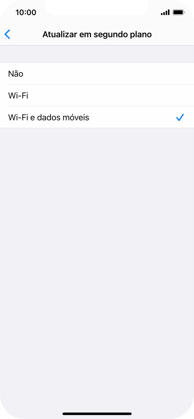 Para desativar a atualização de apps em segundo plano, prima Não.