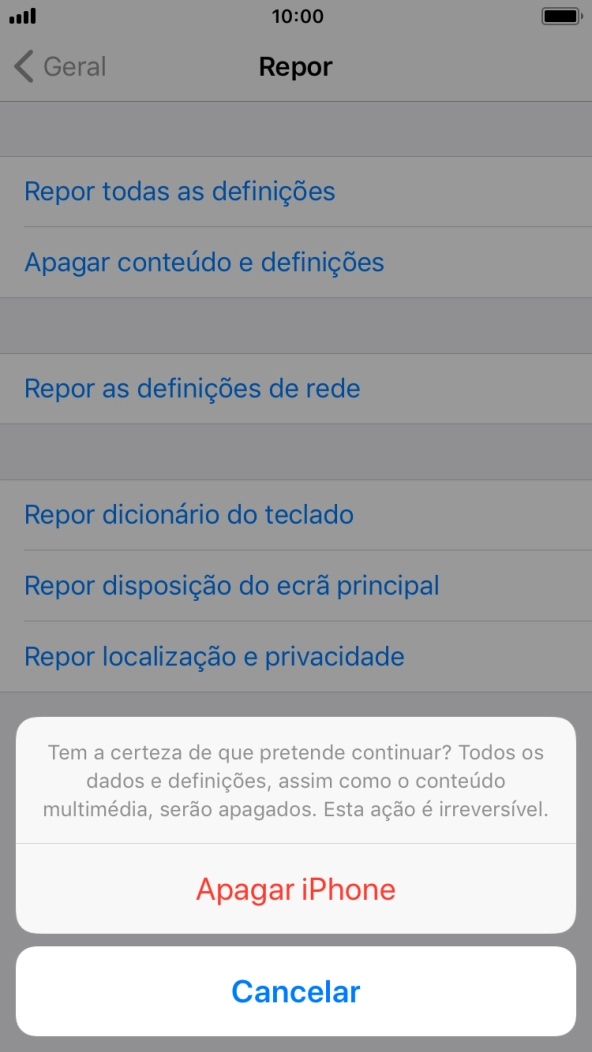 Prima Apagar iPhone. Aguarde um momento enquanto o telefone restabelece as definições originais. Siga as indicações no ecrã para configurar o telefone de modo que este fique pronto a ser utilizado.