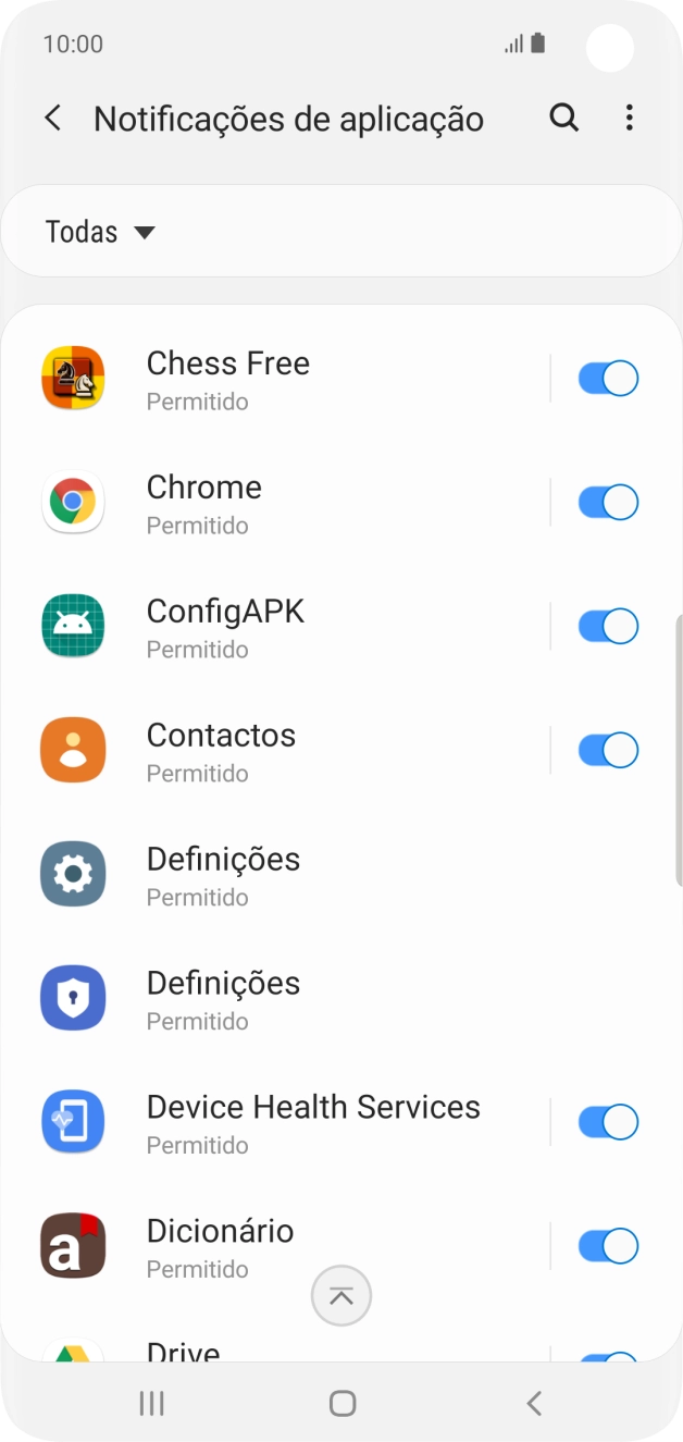 Prima o indicador junto à app pretendida para ativar ou desativar a função.