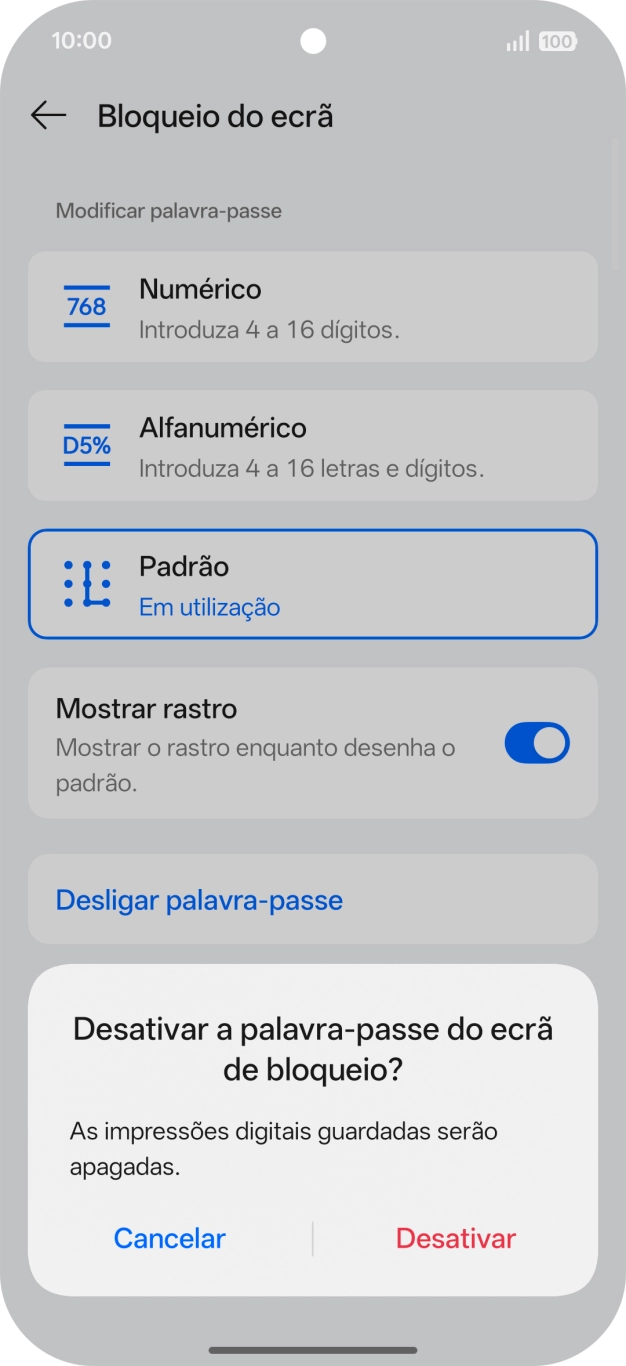 Prima Desativar e introduza o código adicional de bloqueio do telefone que criou anteriormente.