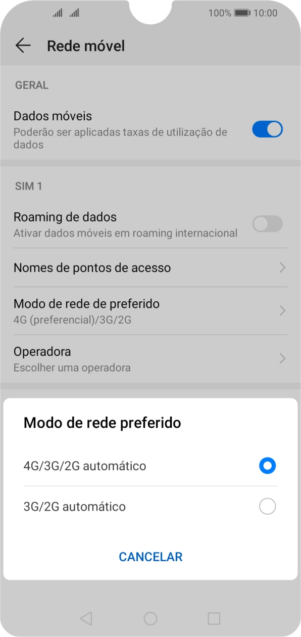 Prima o tipo de rede pretendido.