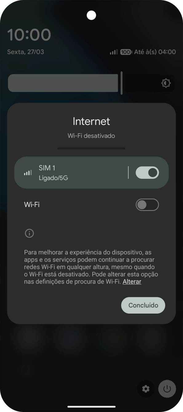 Prima o indicador junto ao ícone de dados móveis para ativar ou desativar a função.