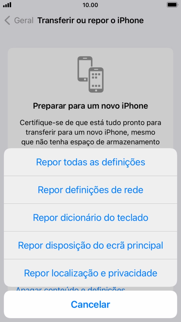 Prima Repor todas as definições.