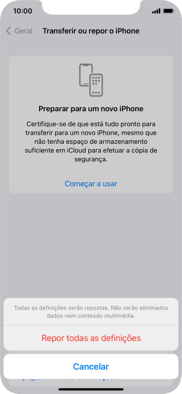Prima Repor todas as definições.