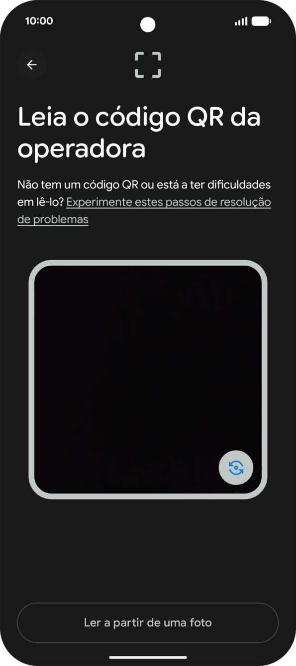 Para scanear o código QR enviado enquadre-o na moldura da câmara do telefone.