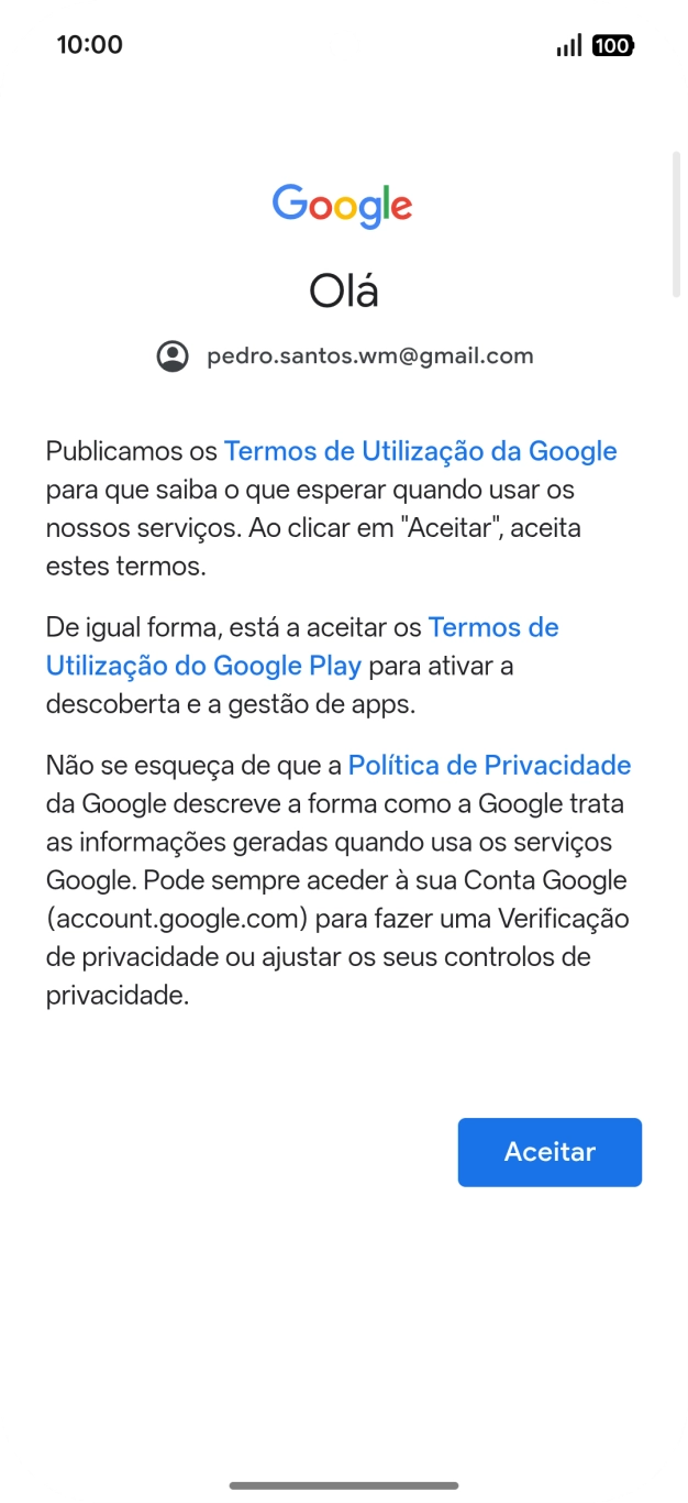 Prima Aceitar e siga as indicações no ecrã para escolher as definições da conta Google.