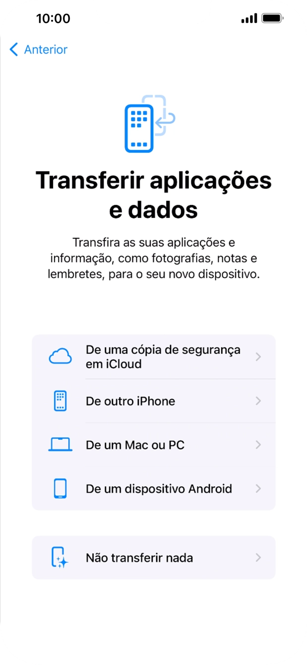 É possível transferir conteúdo de um telefone Android quando o telefone for ativado antes da primeira utilização e quando o telefone tiver sido reiniciado. Quando esta imagem for mostrada no ecrã, o telefone está pronto para transferir conteúdo de um telefone Android.