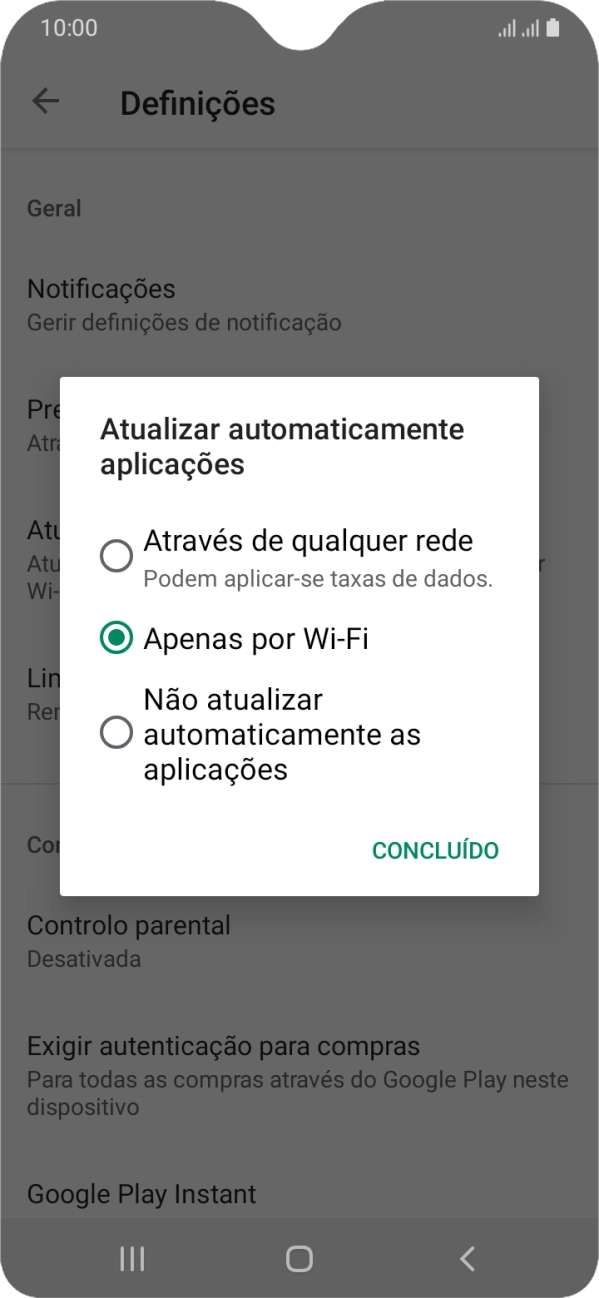 Para ativar a atualização automática de apps via redes móveis, prima Através de qualquer rede.