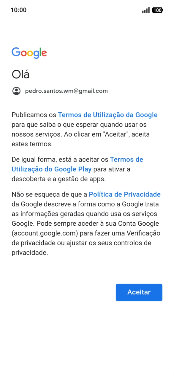 Prima Aceitar e siga as indicações no ecrã para escolher as definições da conta Google.