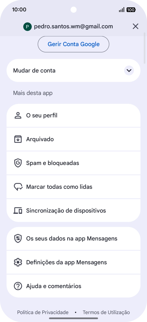 Prima Definições da app Mensagens.