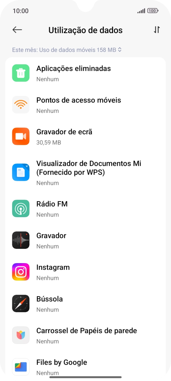 O consumo de dados de cada aplicação é mostrado sob o nome da aplicação.