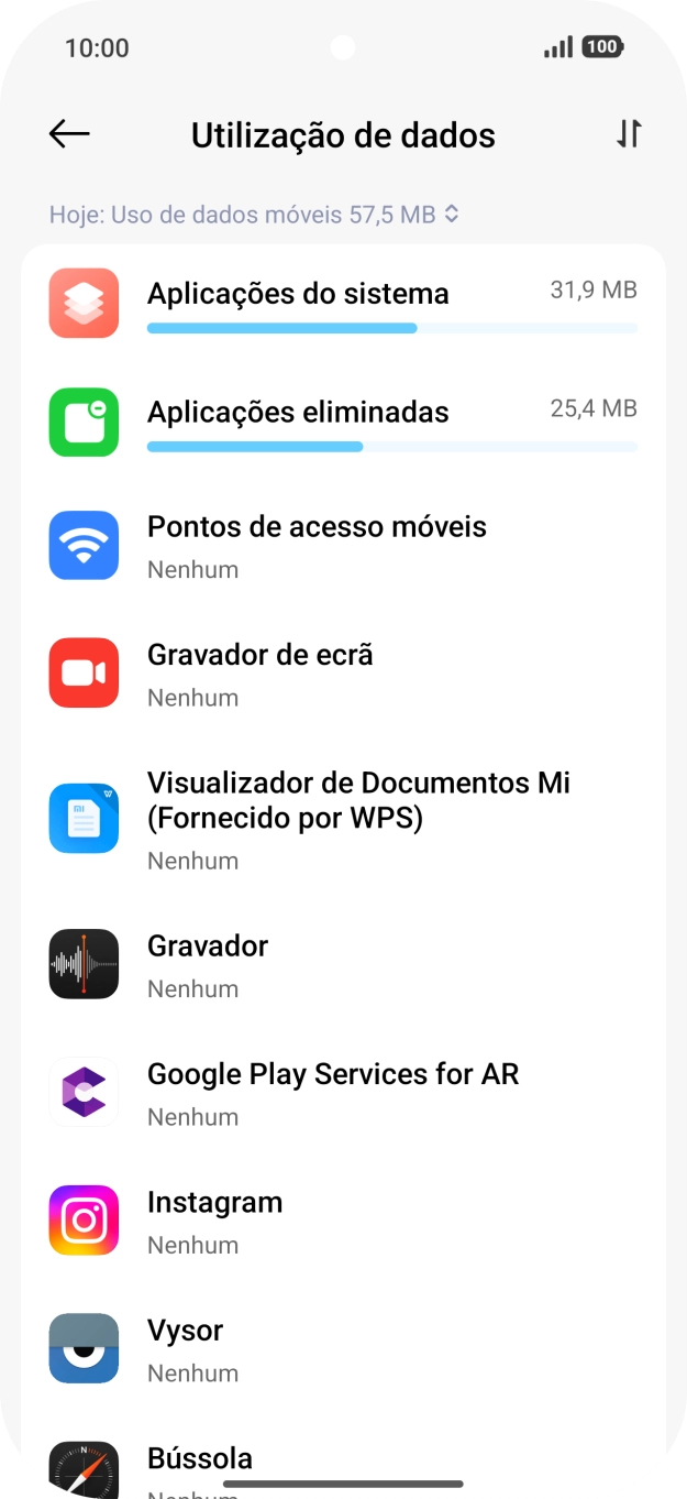 O consumo de dados de cada aplicação é mostrado sob o nome da aplicação.