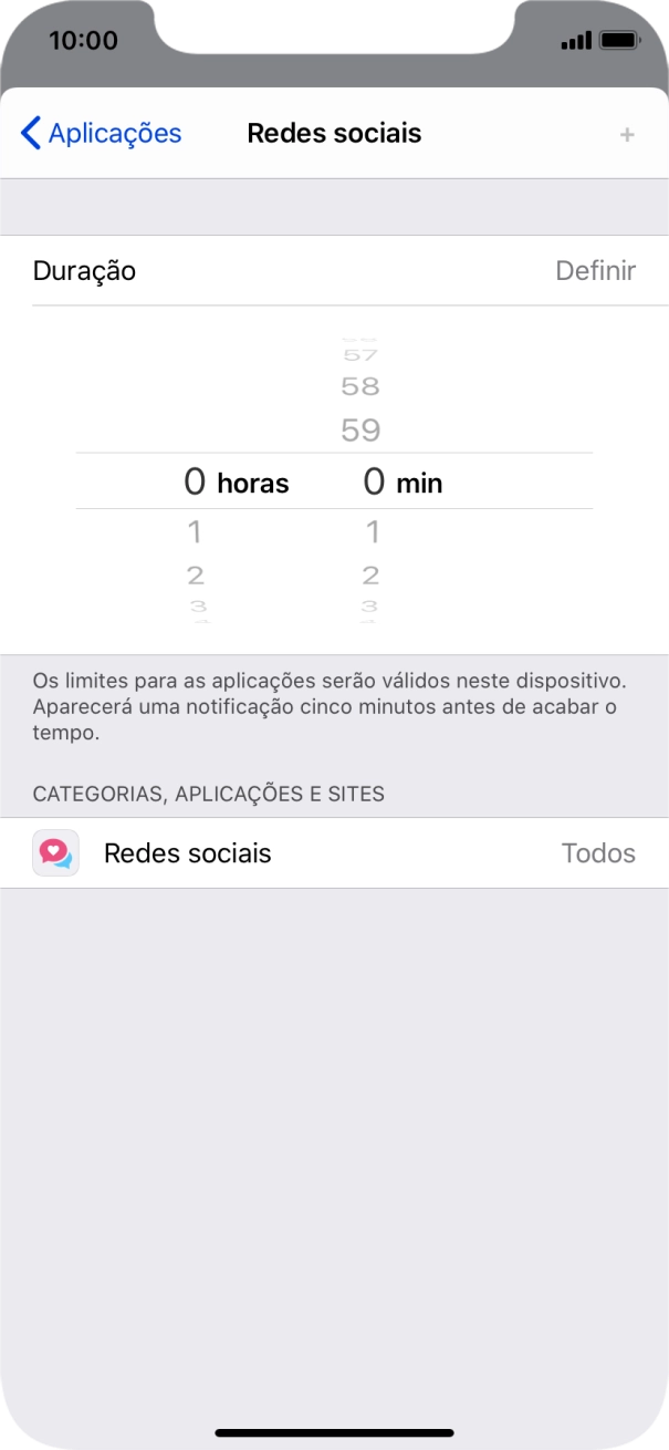 Defina o limite de tempo pretendido para uso da categoria selecionada.