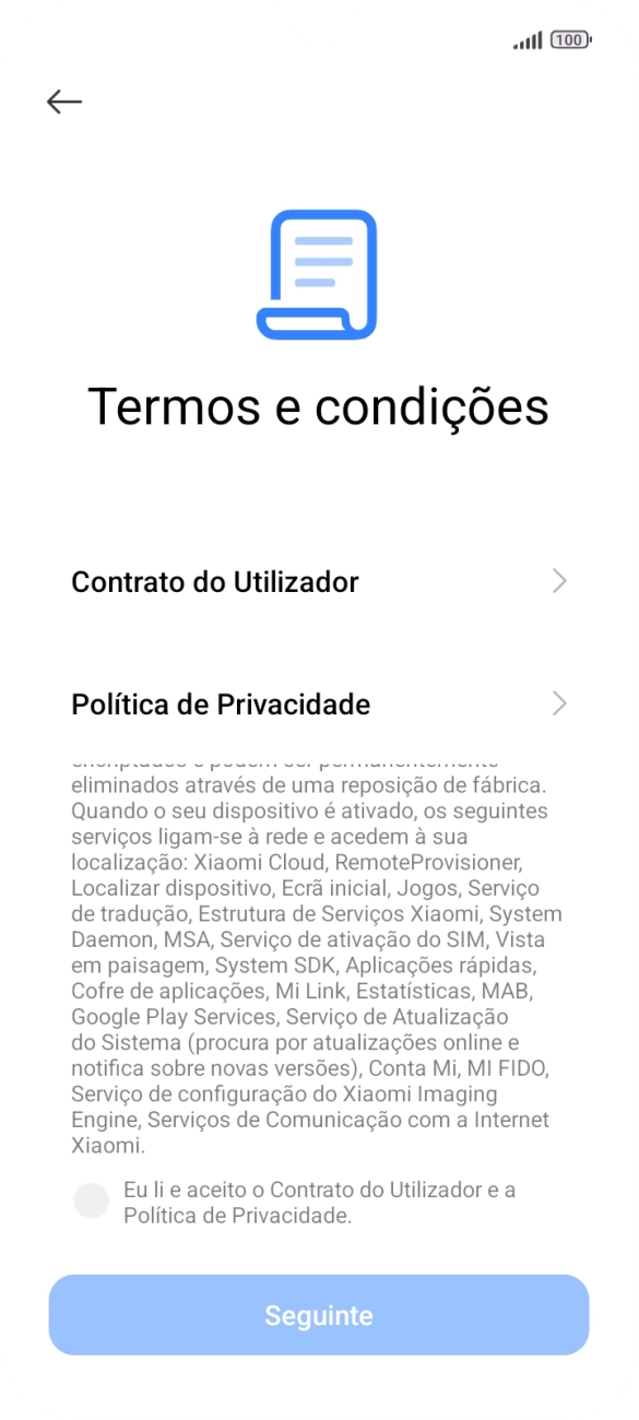 Prima o campo para aceitar os termos e condições.