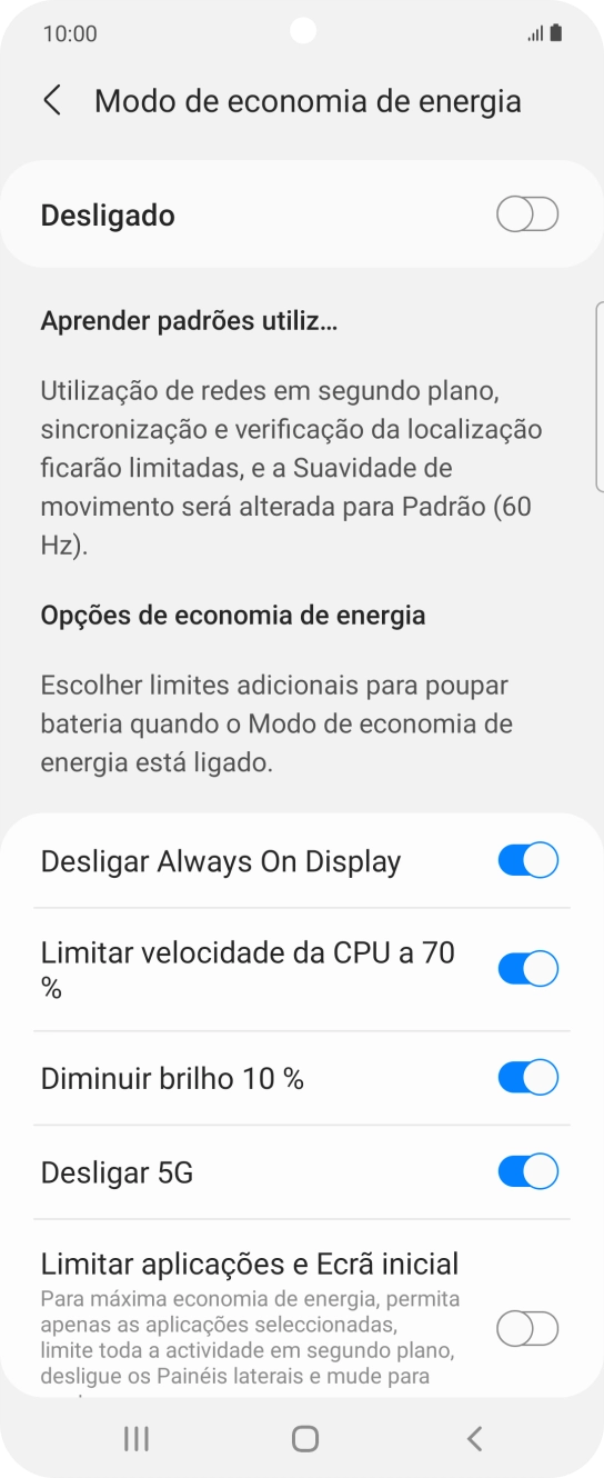 Prima os indicadores junto às definições pretendidas para as ativar ou desativar.