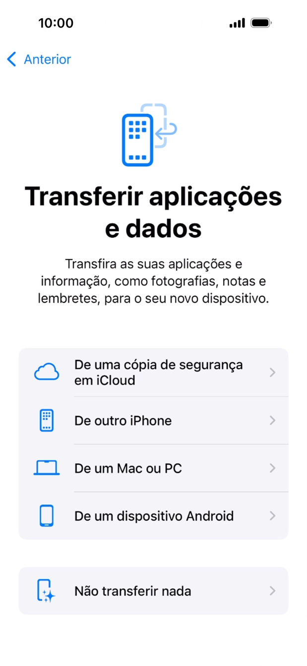 É possível transferir conteúdo de um telefone Android quando o telefone for ativado antes da primeira utilização e quando o telefone tiver sido reiniciado. Quando esta imagem for mostrada no ecrã, o telefone está pronto para transferir conteúdo de um telefone Android.