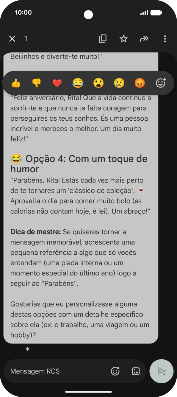 Mantenha premida por um momento a sugestão de texto da Gemini. Siga as indicações no ecrã  para utilizar a sugestão de texto.