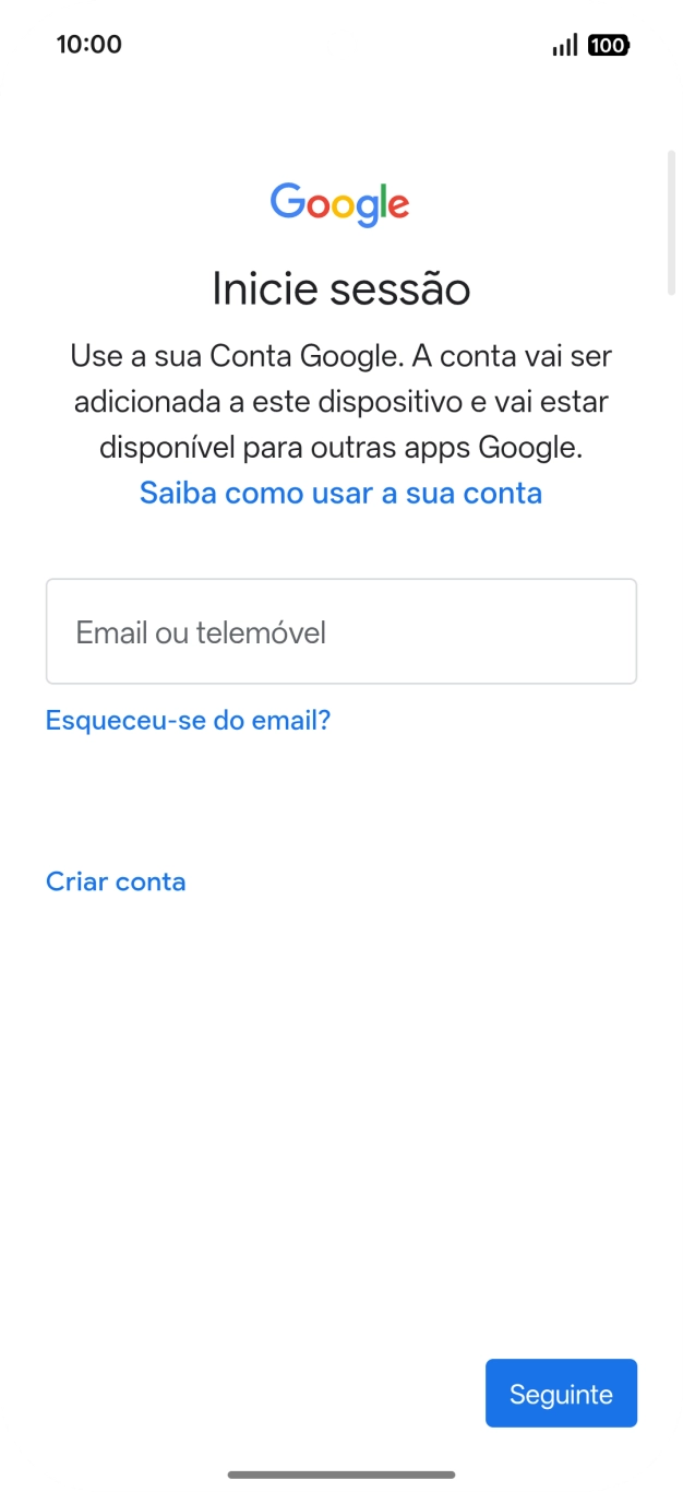 Se não tiver uma conta Google, prima Criar conta e siga as indicações no ecrã para criar uma conta.