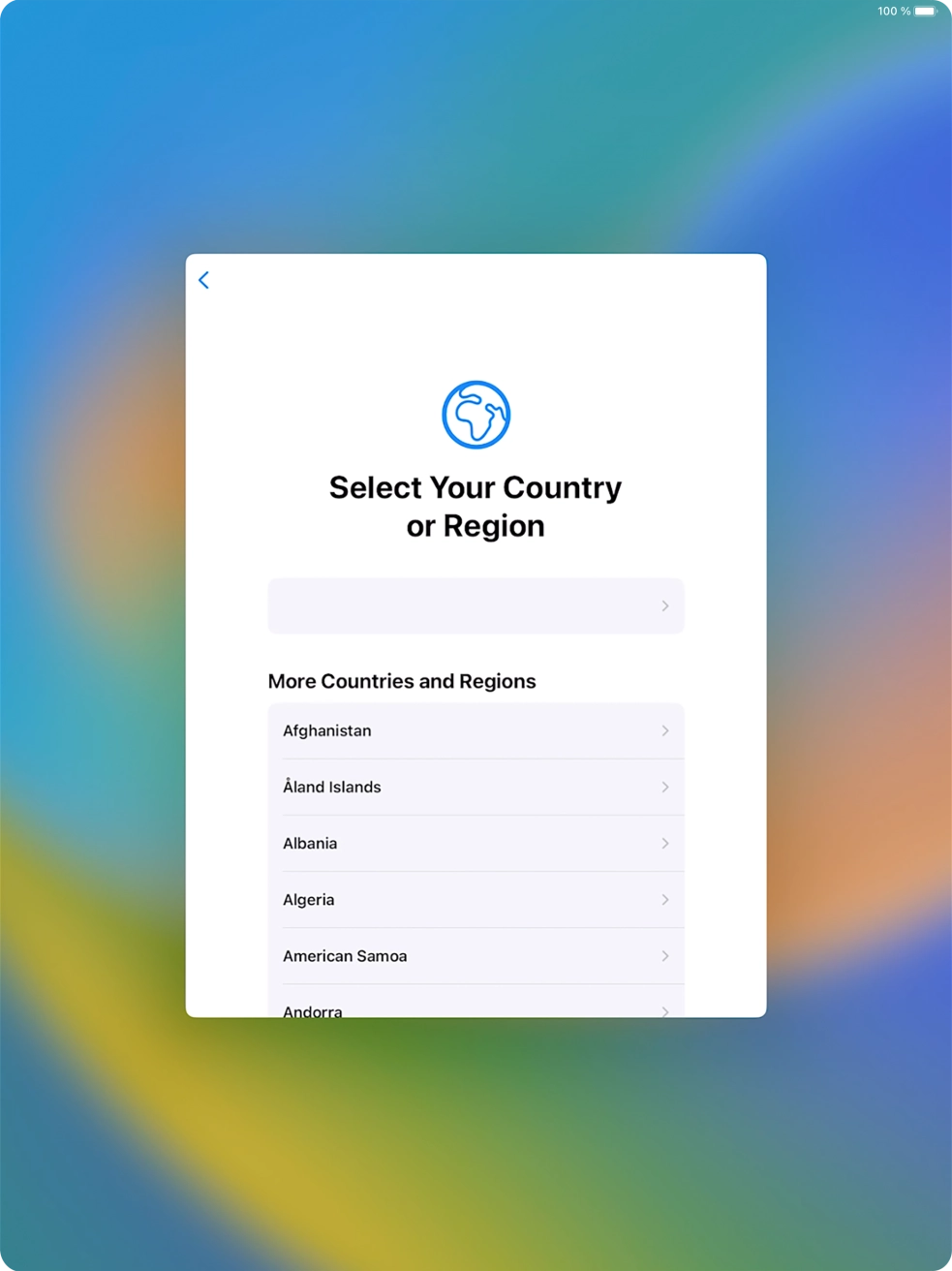 Press the required country or area. Press the required country or area.