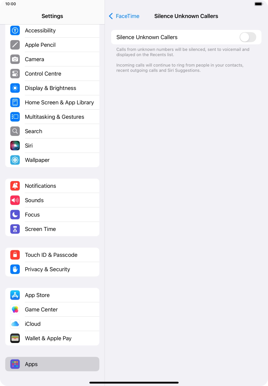 Press the indicator next to 'Silence Unknown Callers' to turn the function on or off.