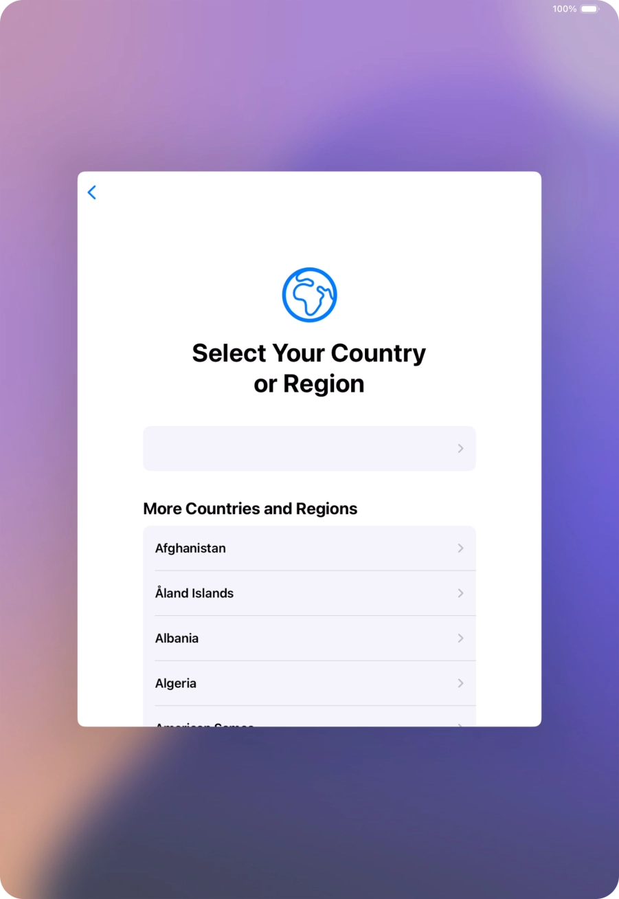 Press the required country or area. Press the required country or area.