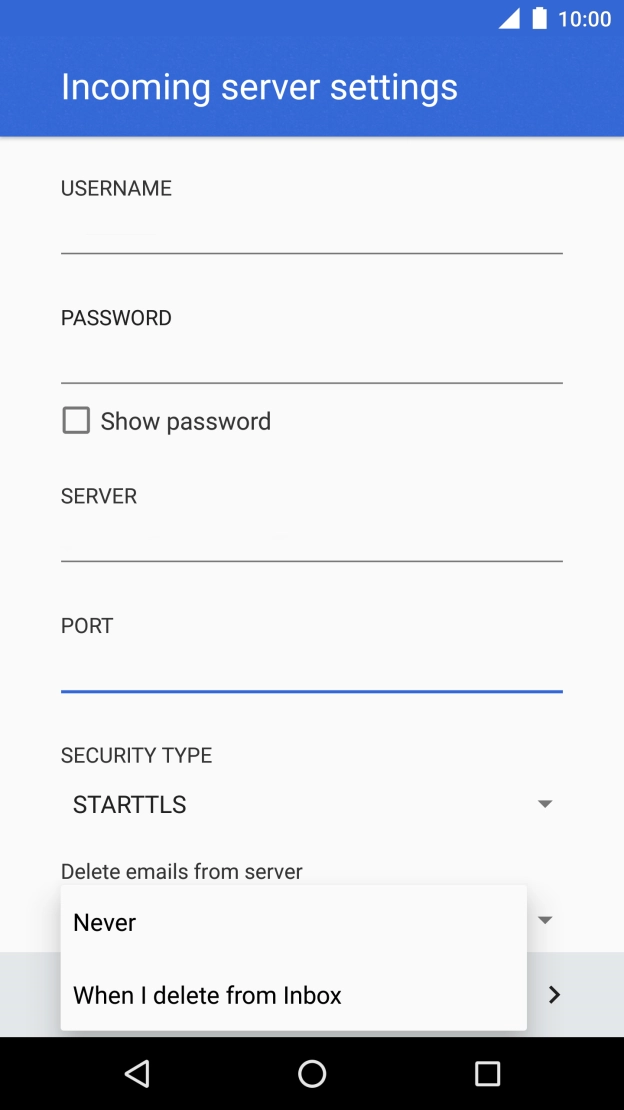 Press Never to keep emails on the server when you delete them on your phone.