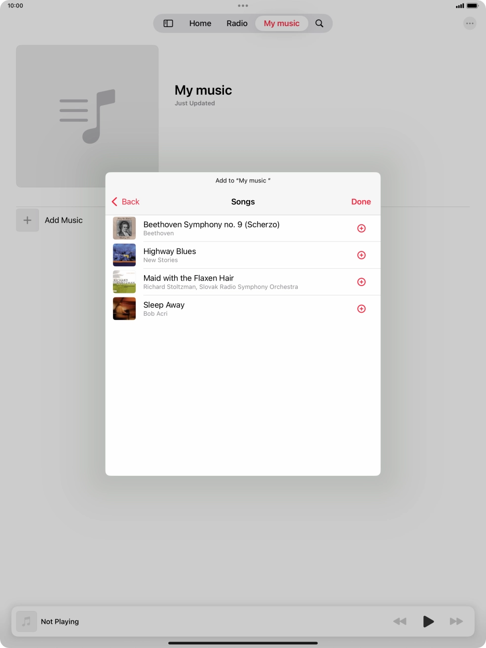 Go to the required category and press the add icon next to the required audio file.