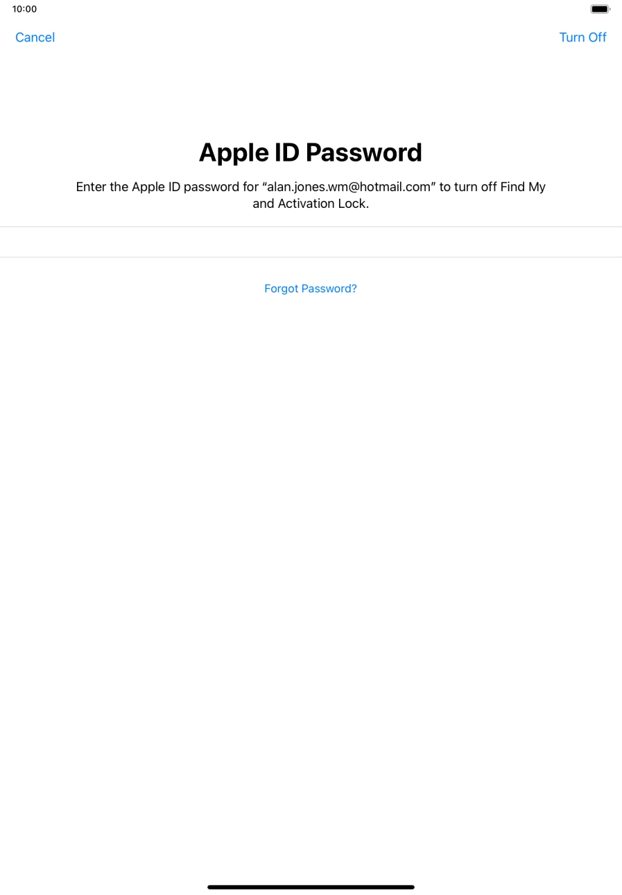 Key in the password for your Apple ID and press Turn Off. Wait a moment while the factory settings are restored. Follow the instructions on the screen to set up your tablet and prepare it for use.